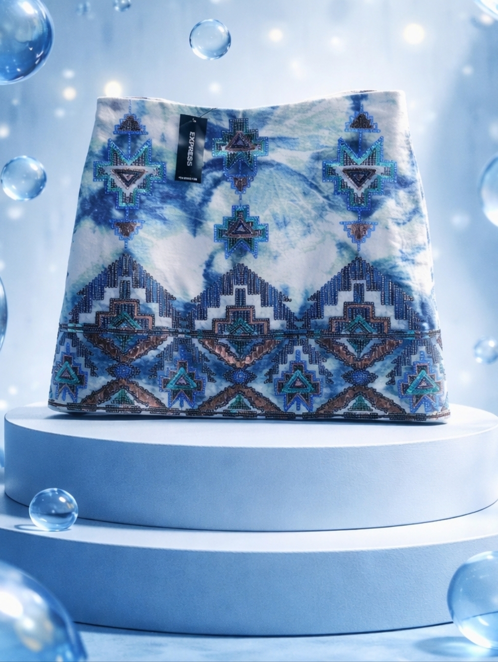 Express Blue and White Embellished Aztec Mini Skirt NEW WITH tags Sz. XS